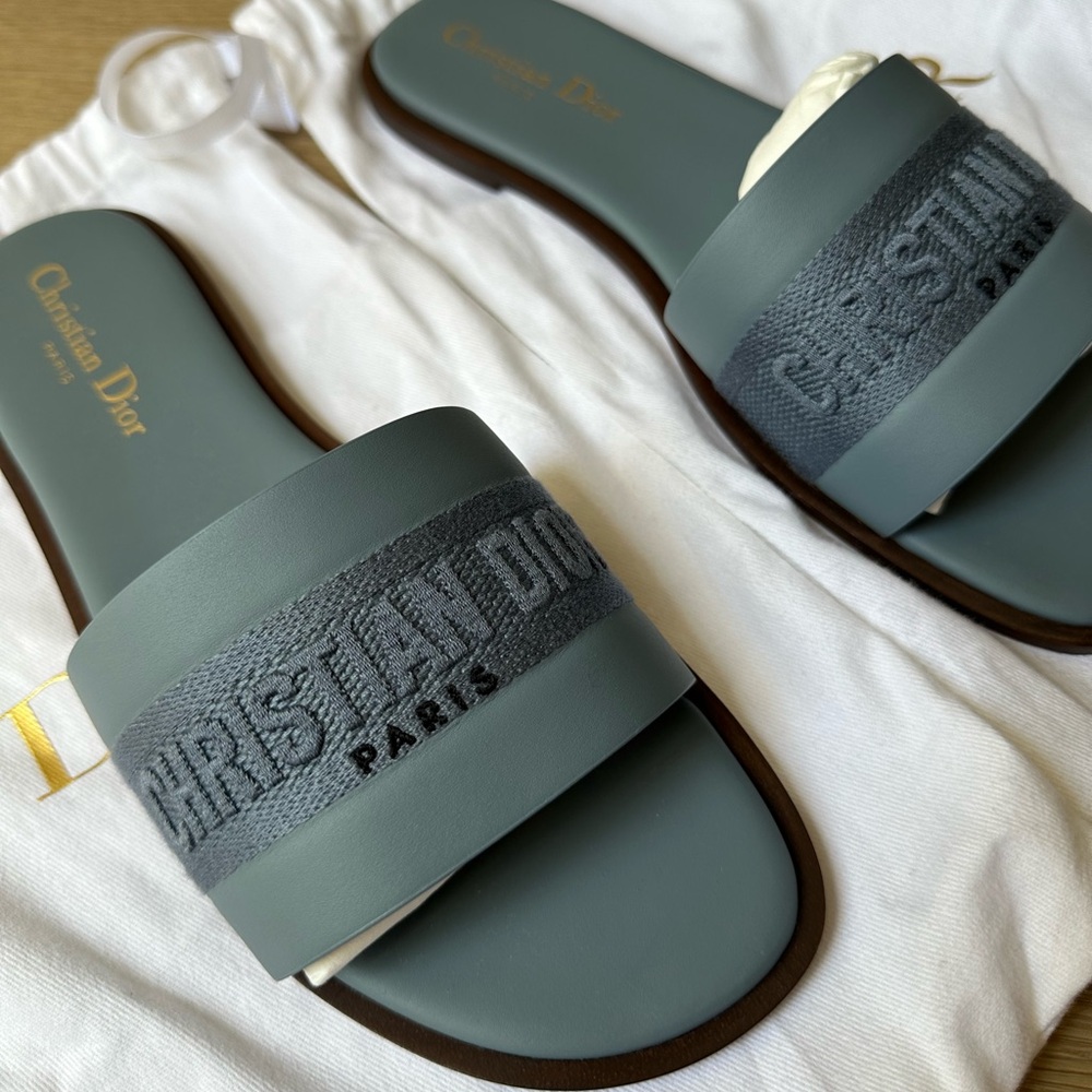 Dior Dway Slide Pastel Blue Calfskin And Embroidered Cotton Size 35.5